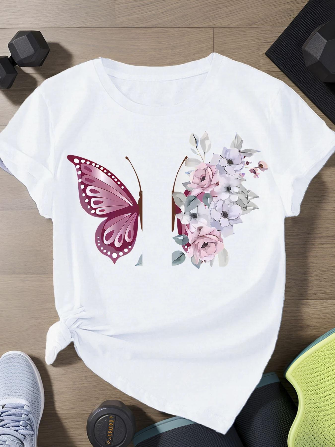 

Womens Pink Butterfly with Floral Printed TShirt Fit Summer Short Sleeve Round Neck Top with For Casual Women Clothing S