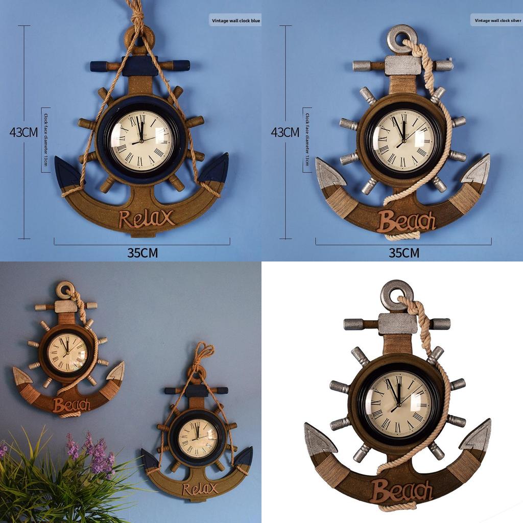 Reloj de Pared con Forma de Ancla Decoración de Madera Retro Silencioso de Cuarzo Para Sala de Estar