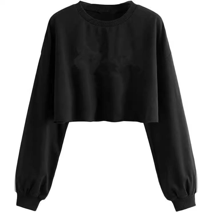 2024 Autumn/Winter Women's Solid Color Plus Velvet Loose Round Neck Short Hoodie