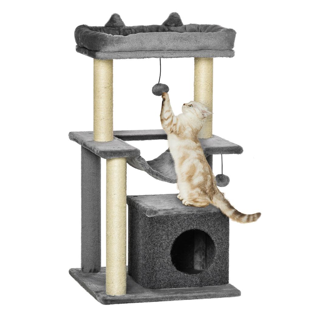 Cat Tree with Sisal Ropes, House and Hammock, Plush and Felt Cover, Height 100cm, Grey