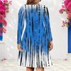 Women Plus Size V Neck Long Sleeve Blue Printed A Line Dress