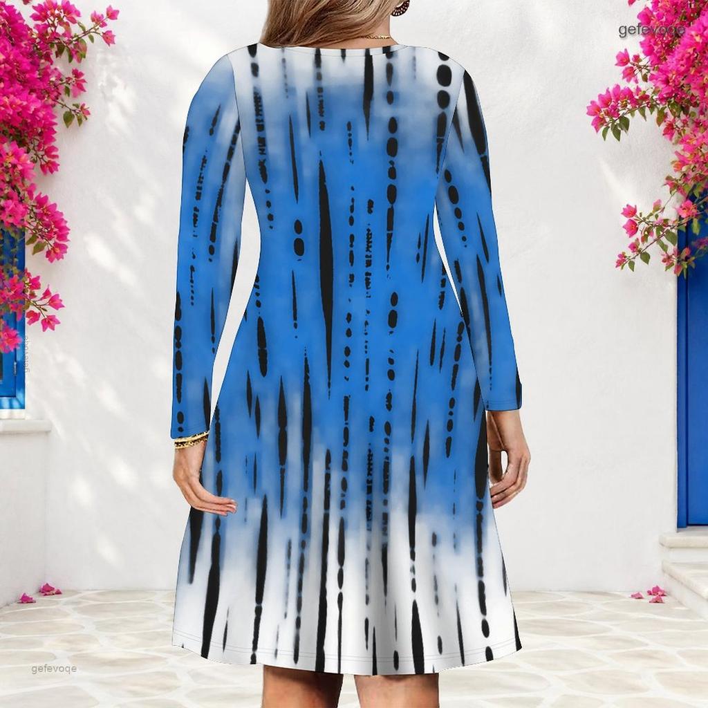 Women Plus Size V Neck Long Sleeve Blue Printed A Line Dress