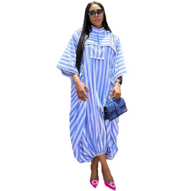 European and American women's clothing summer new fashion semi-turtleneck bat sleeve loose pocket striped dress dress