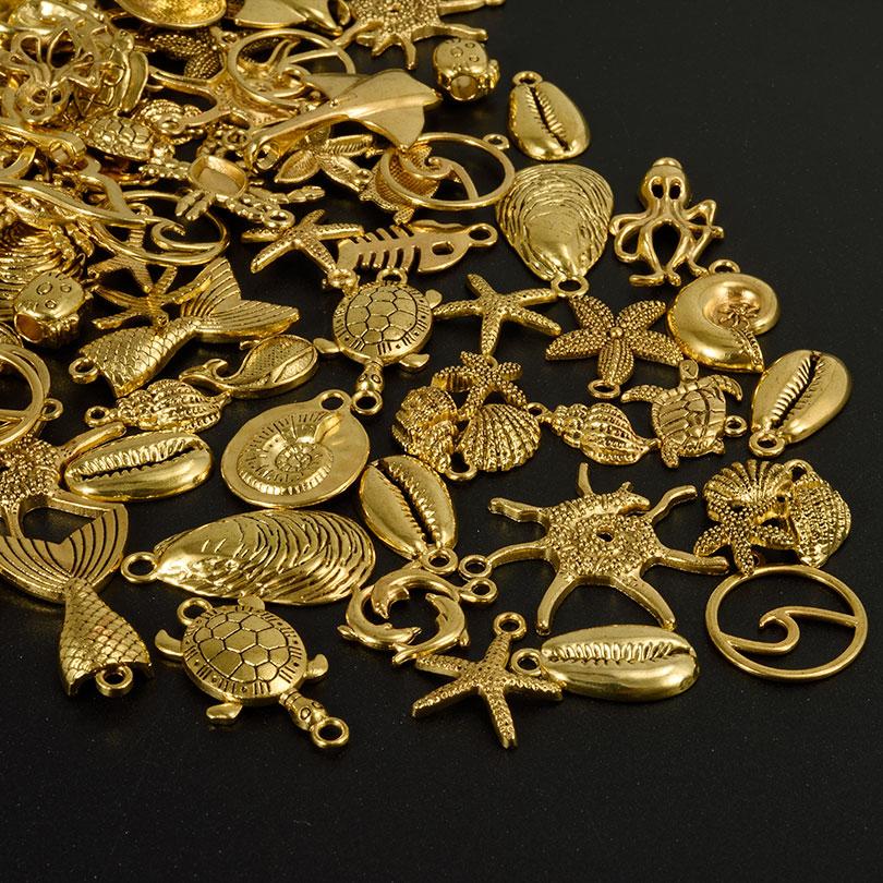 10/20/30pcs Metal KC/Vintage Gold/Silver Color Ocean Animal Charm Random Mix Shell Fish Turtle Charms For Jewelry Making Pendant