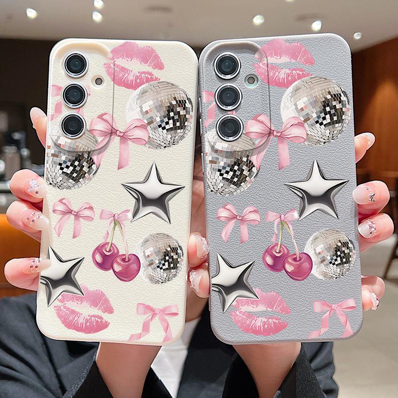 Cherry Bowknots Lips Disco Ball Pattern Case For Samsung Galaxy A57 A56 A55 A54 5G A37 A36 A35 A34 A17 A16 A15 A14 Leather Texture Silicone Cover