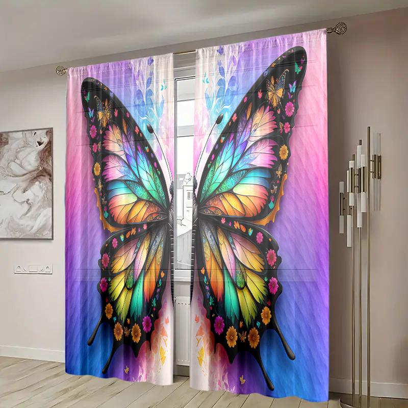 2 Pieces, Multi-color Butterfly Printed Curtains - Semi Transparent - Suitable for Living Room, Bedroom, Kitchen, Home Decoratio