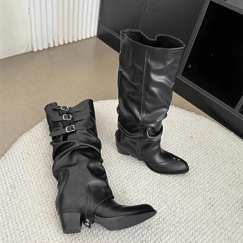 Z Women's Brown Western Cowboy Pleated Slouchy Knee-High Riding Boots with Pointed Toe