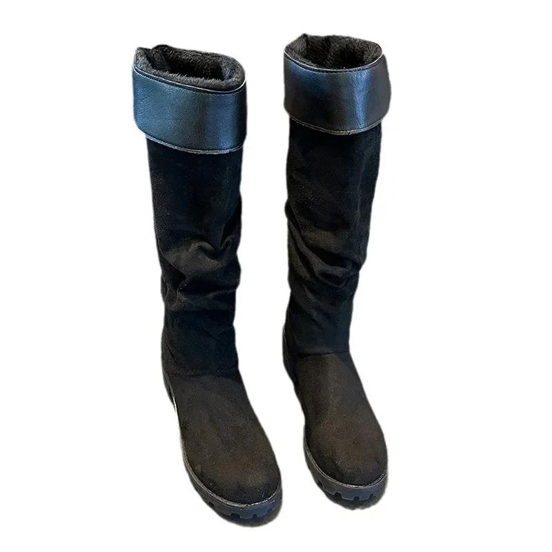 Women's Boots  New Round Toe 43 Size Fashion Long Tube Boots Raised Suede Trendy Anti Slip Leather Boots Botas Mujer 2024