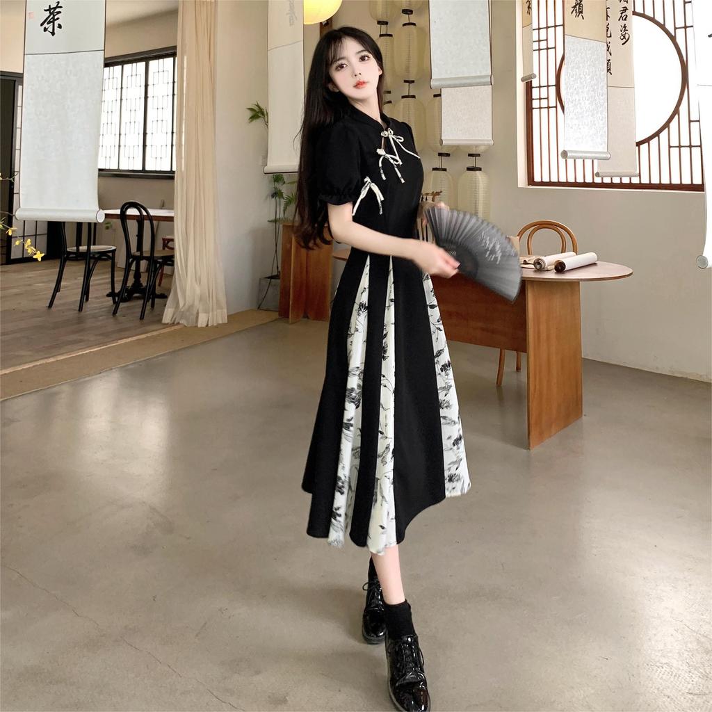 Spring and summer large size new Chinese retro improved cheongsam skirt fat mm black and white contrasting colors gentle national style temperament dr