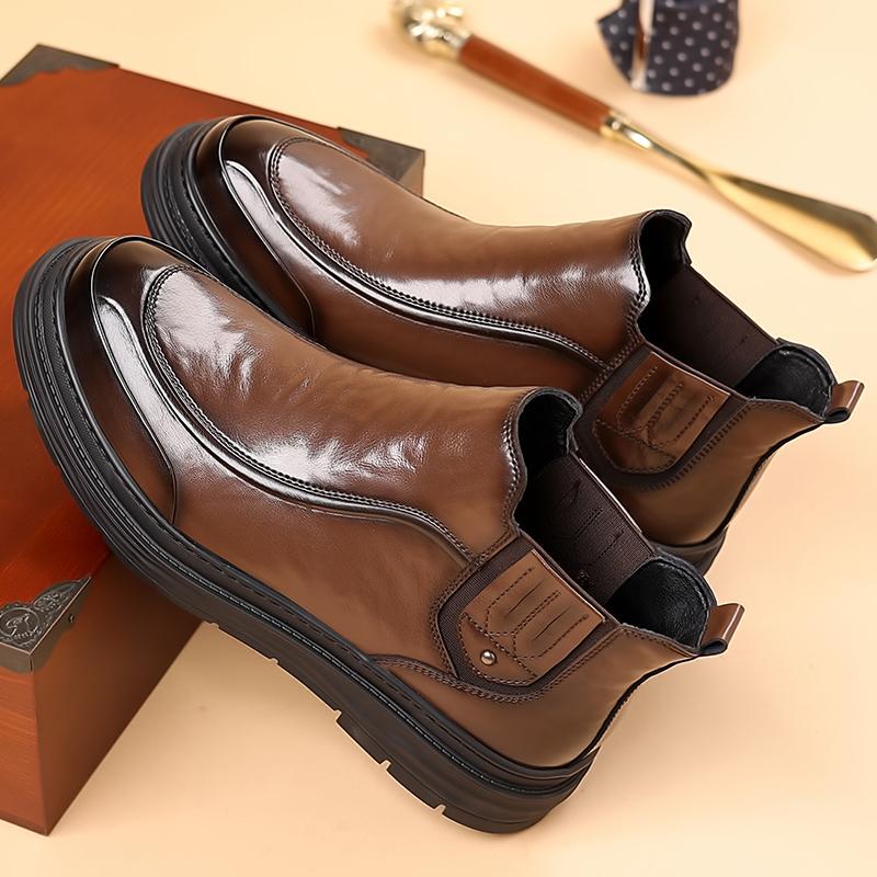 Genuine Leather Mens Chelsea Boots Luxury Brand Male Ankle Boots Soft Elastic Strap Ankle Boots Smart Formal Business Dress Shoe