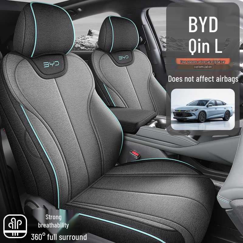 All-Season BYD Qin L Seat Covers: Breathable Linen with Perforated Leather, Fully Enclosed and Ventilated