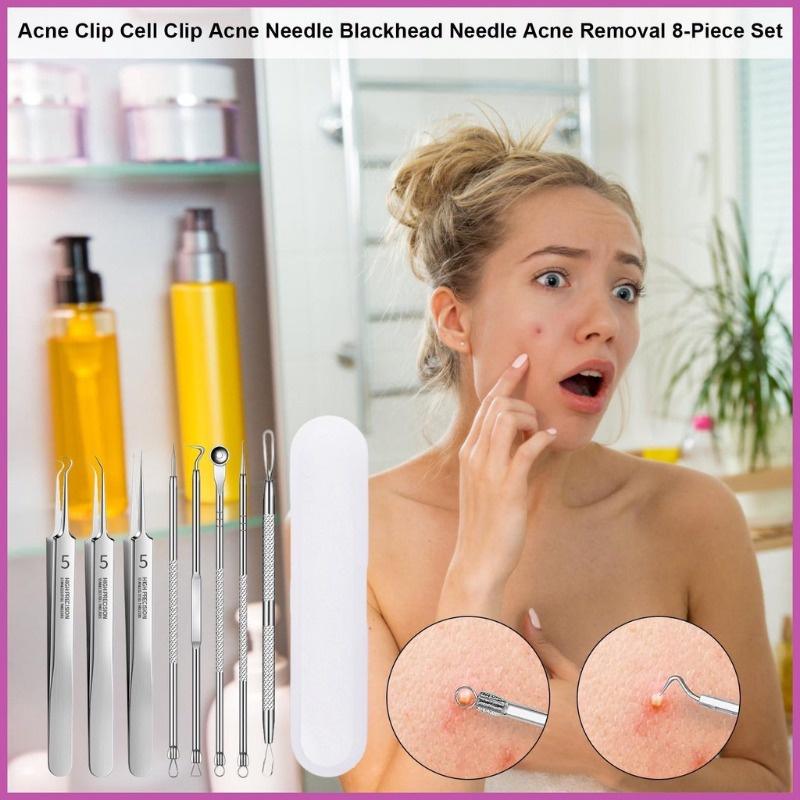 8-Piece Acne Extraction Tool Set In Stainless Steel Box, Professional For Spas And Beauty Salons (Includes Free 10Pcs Pad)
