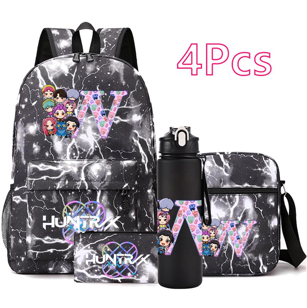 4Pcs/set 26 English Letter KPop Printed Backpack with 750Ml Water Bottler for Teenager Student Girl Boy Bookbag Kid Gift Large Capacity Travel Bag