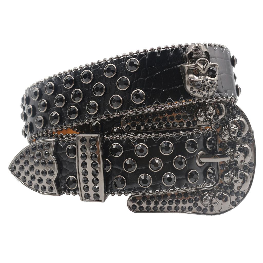 Rhinestone Belt Skull Belt Inlaid with Diamond Alloy Pin Buckle Belt Boypunk Fashion Trend Wide Belt Women
