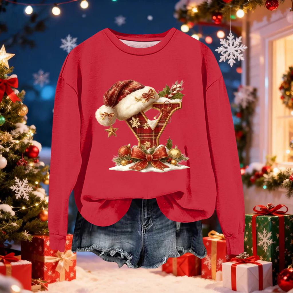 Women's Fashionable Casual Long-Sleeved Christmas Letter Print Crew-Neck Sweatshirt