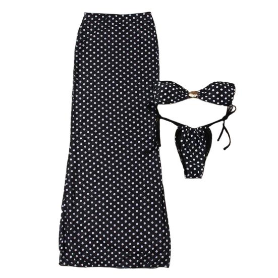3Pcs/Set Women Swimsuit Set Chest Pad No Underwire Bandeau Bra Dot Print Swimming Briefs Set with Split Skirt Sexy Woven Beach Bikini Set