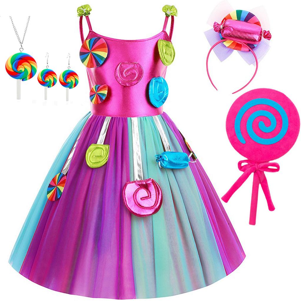 Purim Festival Suspender Rainbow Dress For Girl Candy Lollipop Costume Party Gift Candy Dress + Lollipop Accessories Suit