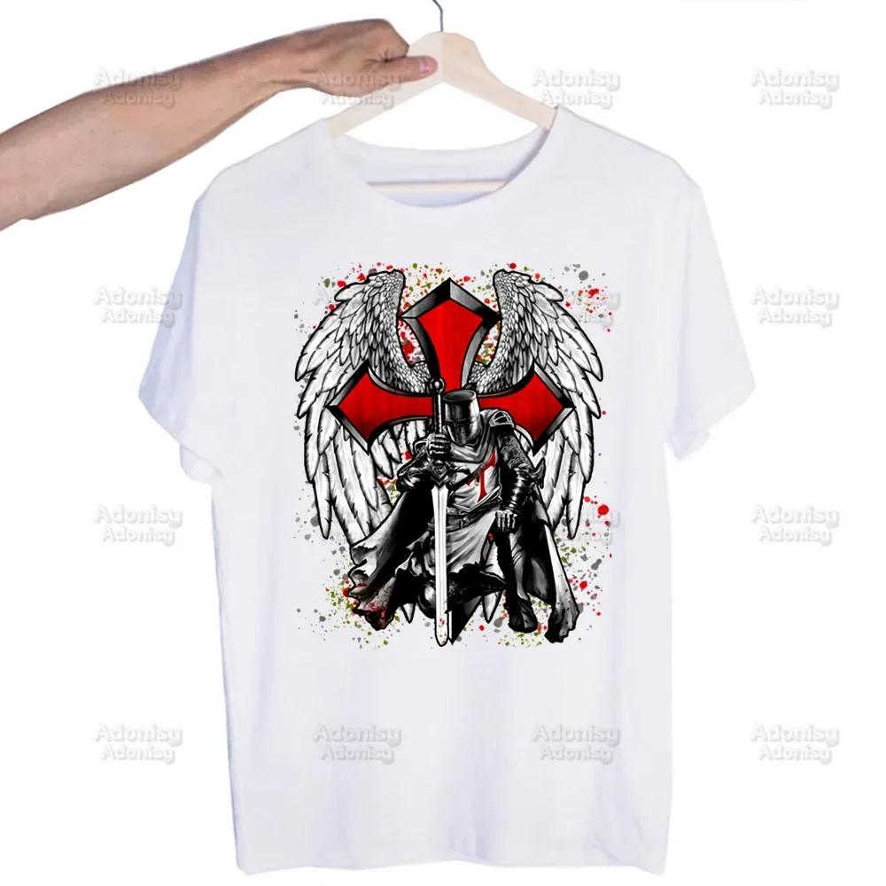 Medieval Knights Templar Printed T Shirt Men Retro Washed Tops Tees Harajuku Tshirt Streetwear Hip Hop Male T-shirts