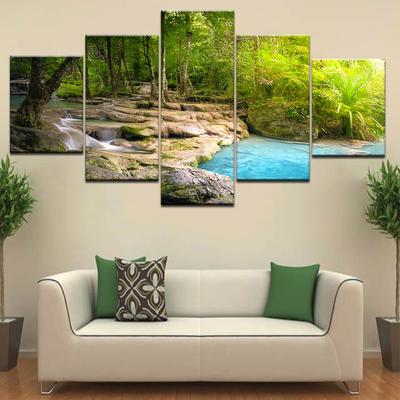 Wandkunst Leinwandgemälde 5 Stück Wasserfall Landschaftsbilder Wald Baum See Wasser HD Drucke Wohnzimmer Heimdekor Poster