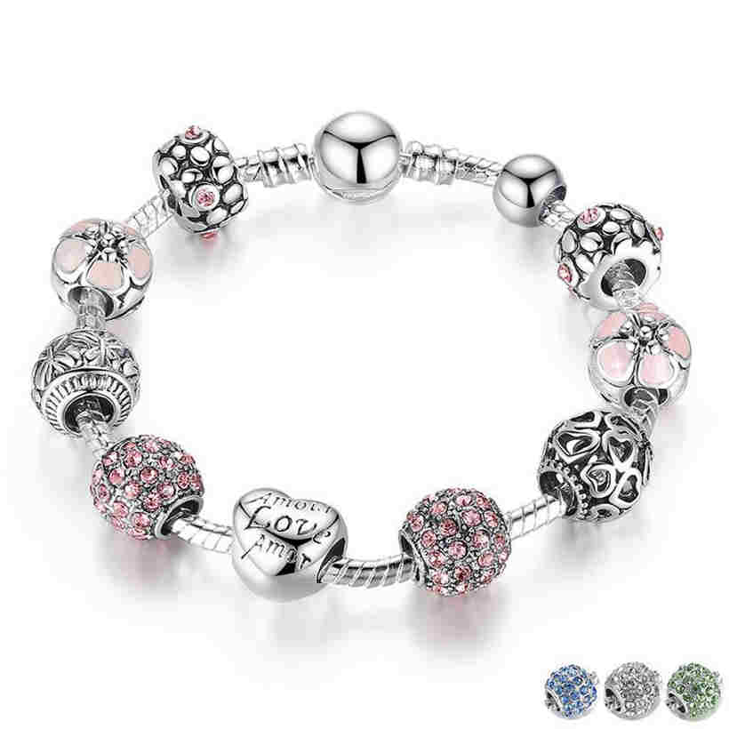 Fashion Women Antique Charm Bracelet Women DIY Bracelet with Love and Flower Beads