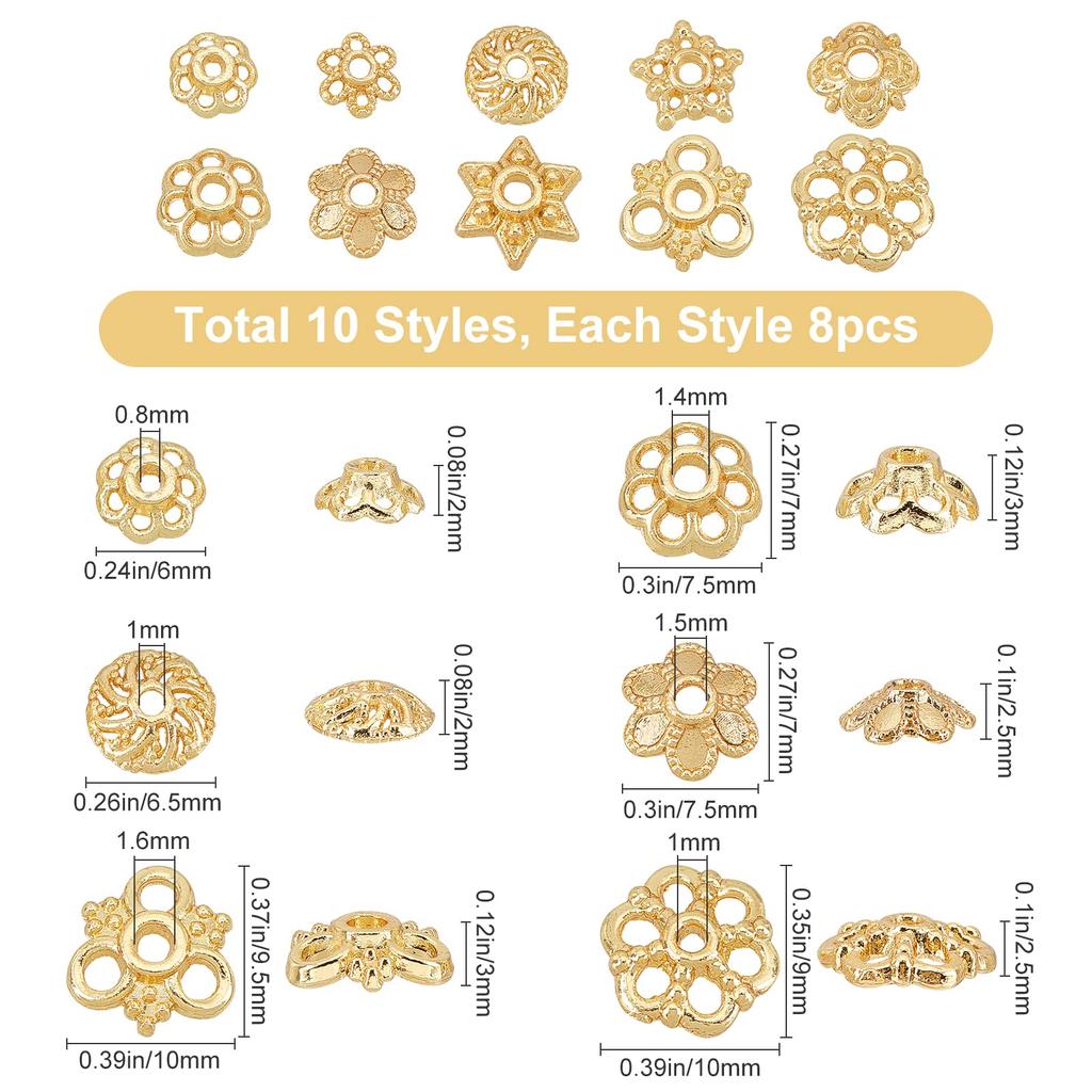 SUNNYCLUE 80 Pieces 10 Types 18k Plated Bead Cap Hanaza Washer Beads Antique Gold Metal Color Plated Beads Cap Special Flower Shape Chrysanthemum
