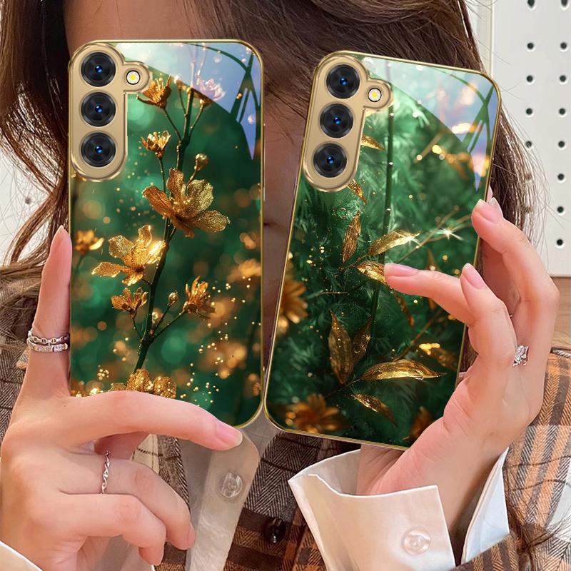 Bronze goldene Blätter Für Samsung Galaxy S26 S20 FE S21 S22 S23 Plus S24 Ultra 25Ultra S21+ S9 S22 S8 Goldene Glas-Handyhülle