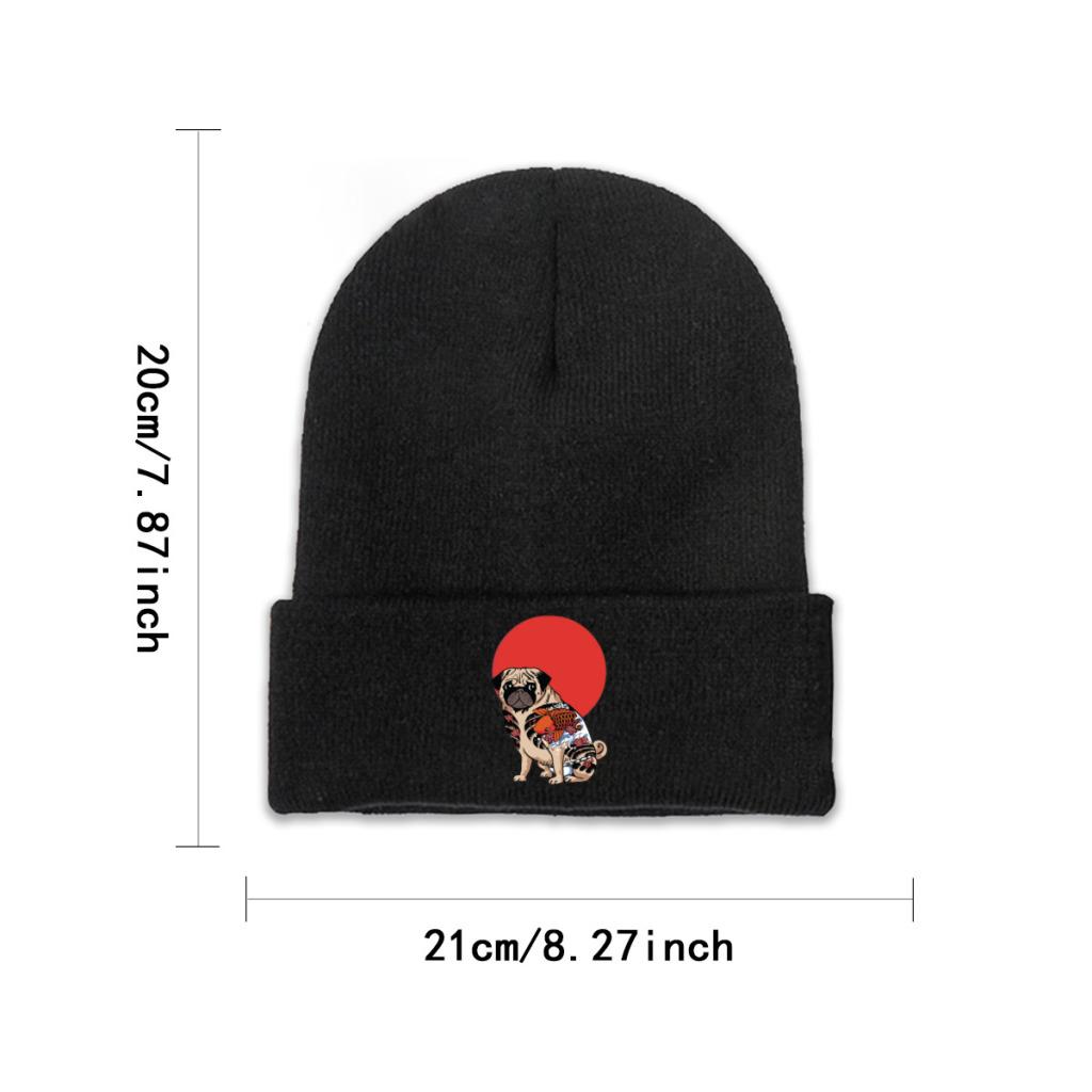Yakuza Pug Katana Pletené čepice pro ženy Unisex Skullies Beanies Zimní čepice Polyester Pes Teplá čepice
