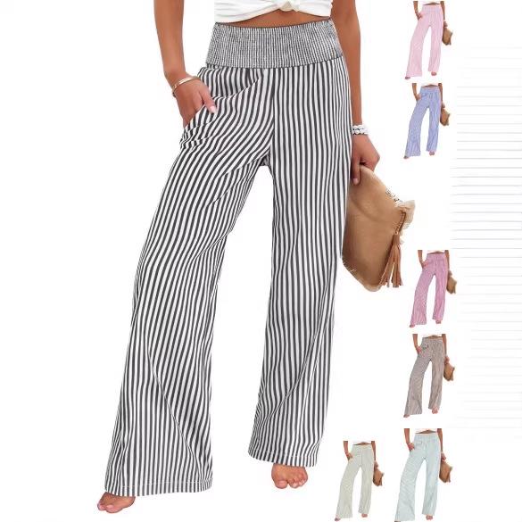 2026 Women s Loose Striped Smocked Cotton Linen Casual Pants XXL