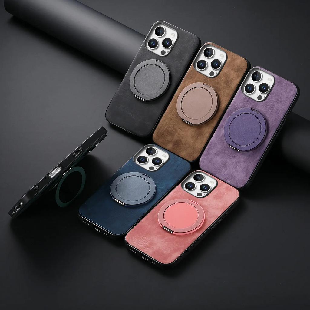 360 Rotating Ring Holder Kickstand Case For iPhone 16 Pro Max 15 Plus 14 13 12 11 SE 2024 Retro Pu Leather Back Magnetic Cover