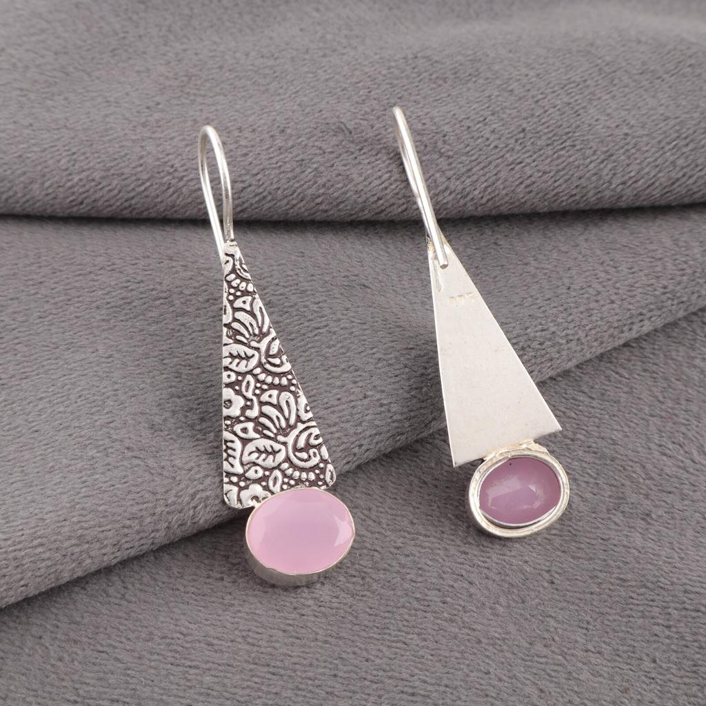 Naturalny Kamień Chalcedon Różowy Srebro Próby 925 Biżuteria Ręcznie Robione Kolczyki 1,9" EE-165-18