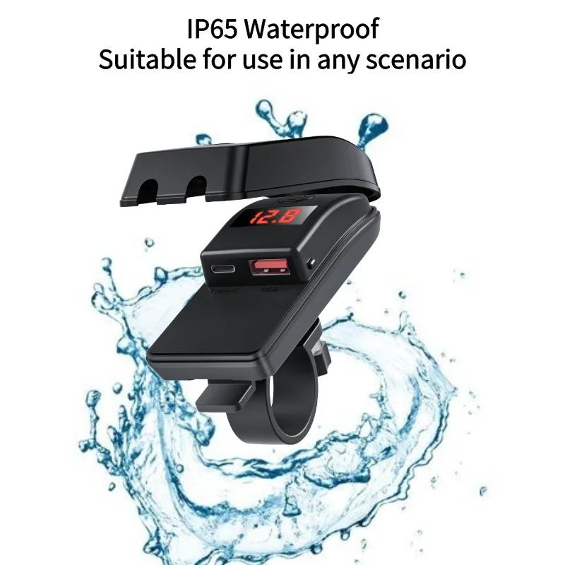 36W Motorcycle QC3.0 PD Charger Socket USB Type-C Fast Charging Motorcycle Charger Plug Voltmeter Thermometer Digital Display