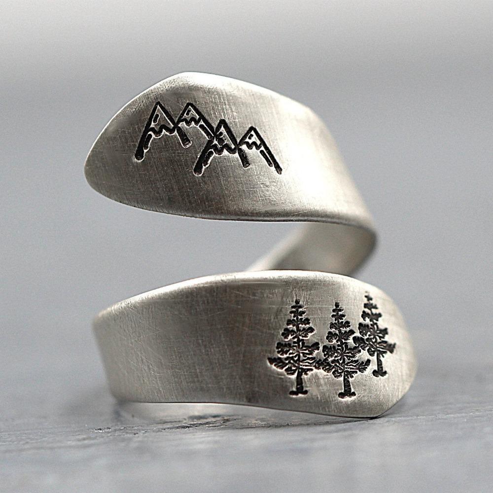 Mountain Forest Open Ring Handmade Brushed S925 Silver Plated Jewelry for Women Adjustable