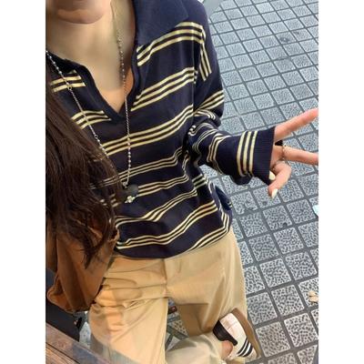 Olo Lapel Striped Contrasting Top Loose Long-sleeved Collar Shirt Women's Autumn and Winter Relaxation Retro Sweater