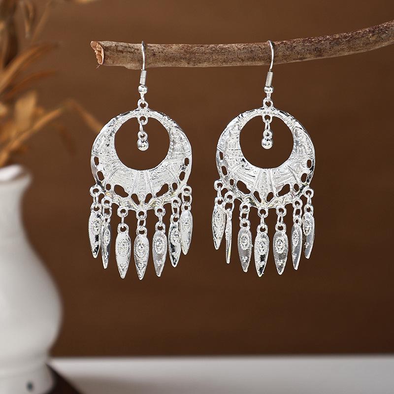 Ethnic Miao Silver Tassel Earrings - Retro Long Dangle Scenic Studs for Women