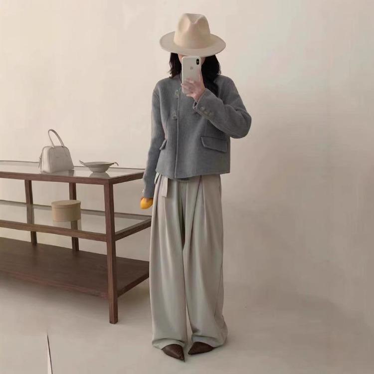 Trendy Women Short Double Sided Wool Coat New Korean Style Round Neck Small