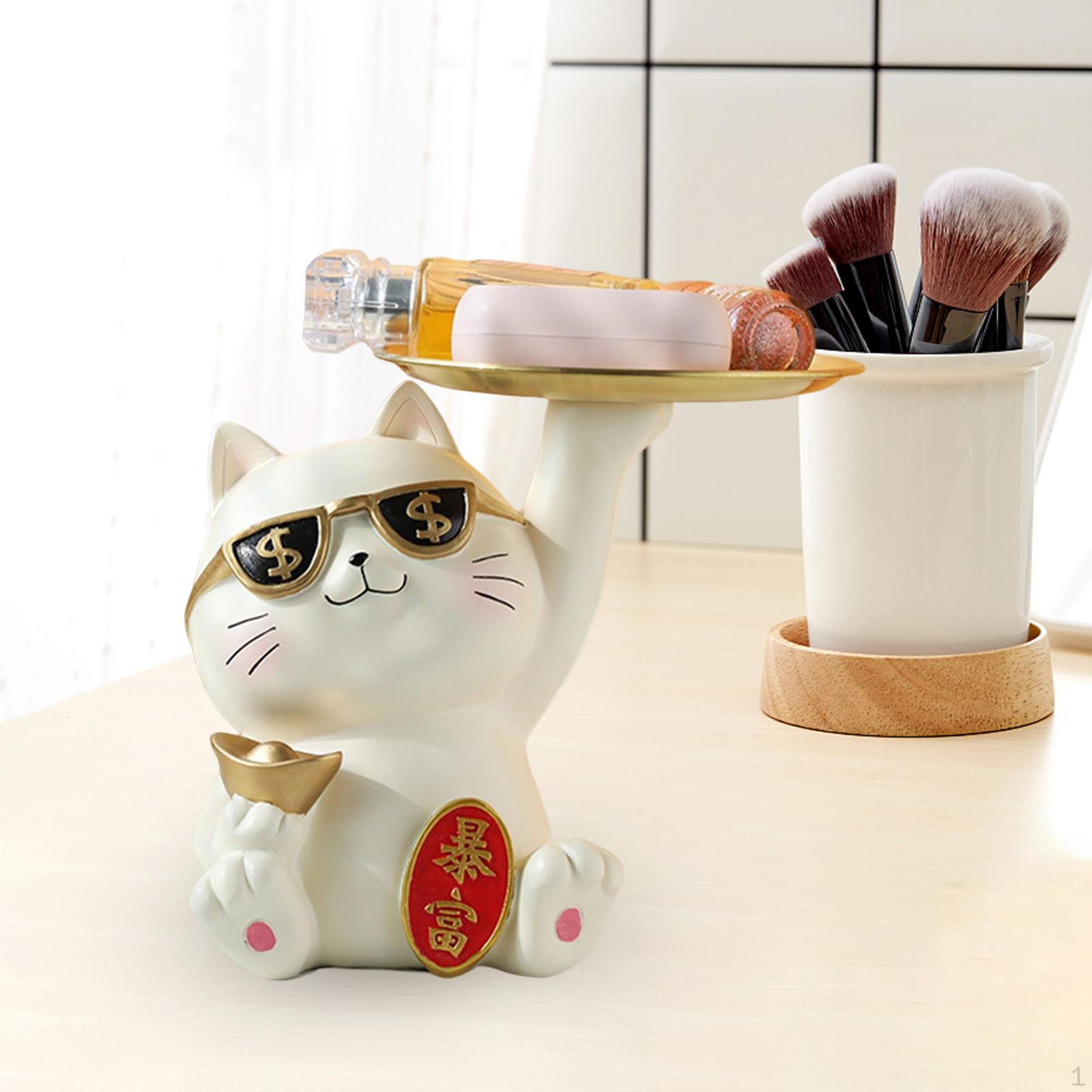 

Creative Lucky Cat Statue with Tray Key Holder Resin Kitten Figurine Ornament Desk Organizer for хакі