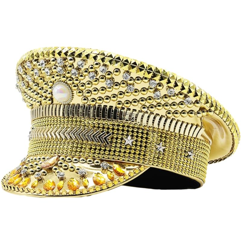 

Золотая шляпа капитана со стразами для свадьбы, модная шляпа с широкими полями, карнавальная шляпа, женская шляпа невесты, шляпа федора, шляпа для ролевых игр 1 золотой