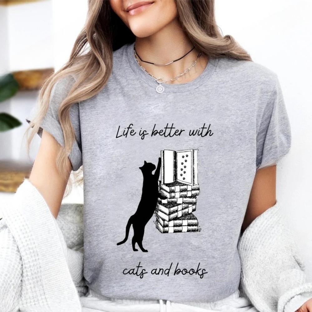 Cat Reading Design T-shirt,A Perfect Gift for Book Lovers and Cat Owners A Summer Book-themed T-shirt