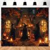 2D Halloween Witch Gathering Tapestry, Autumn Cottage Wall Hanging Background Cloth