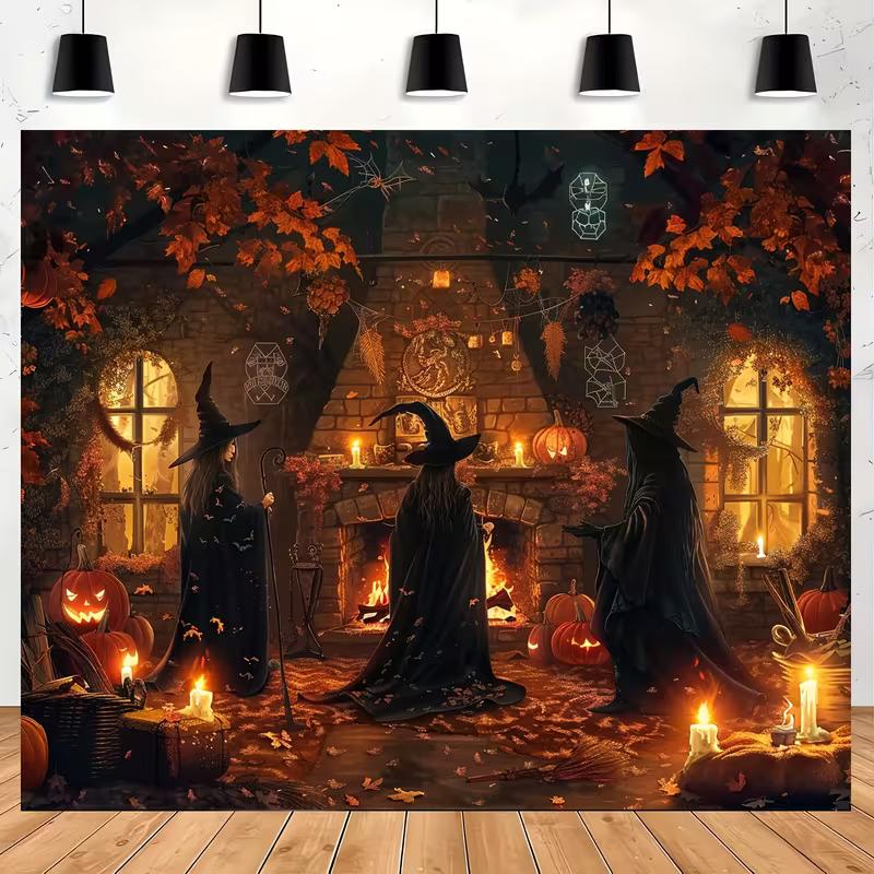 2D Halloween Witch Gathering Tapestry, Autumn Cottage Wall Hanging Background Cloth