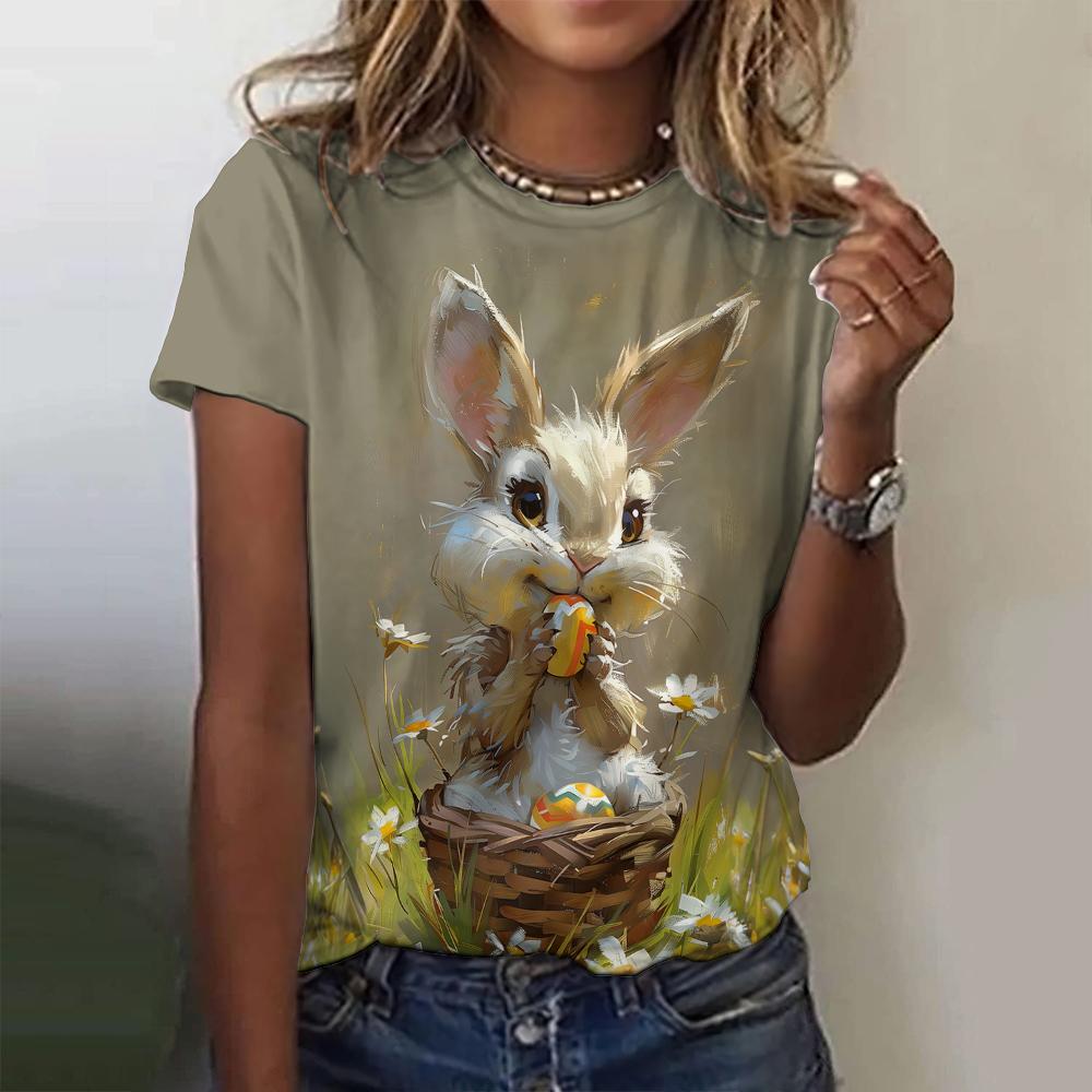 New Vintage Rabbit Print Women's T-shirt Plus Size Top 2024 Women's Clothing Fashion Short Sleeve Shirt Crew Blouse Summer