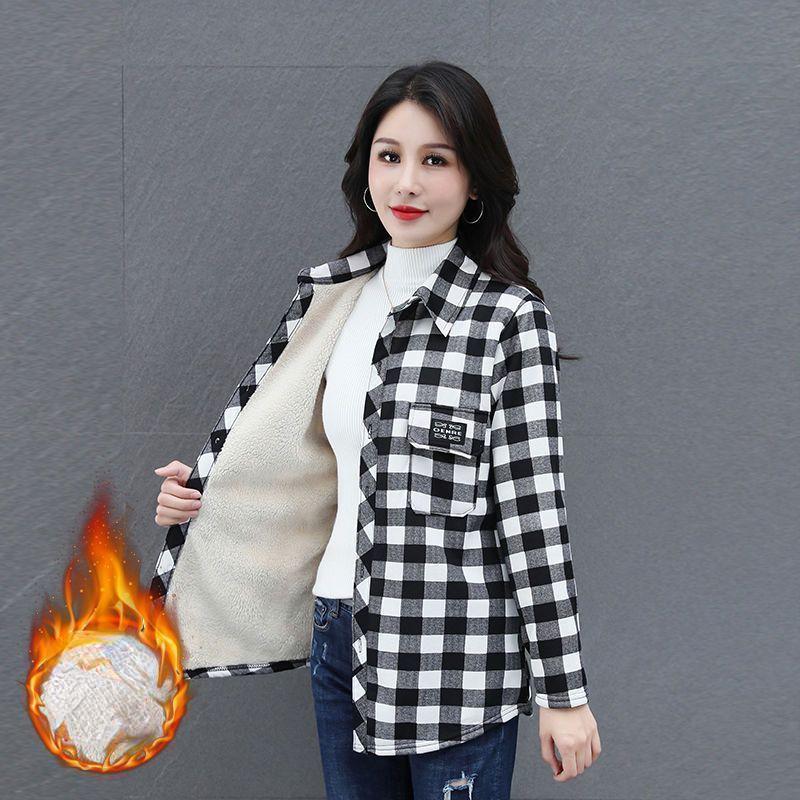 

Терморубашка с длинным рукавом и клетчатым принтом — мягкая полиэфирная ткань, воротник с лацканами, карманы с клапанами, машинная стирка, повседневный стиль для женщин 2XL чёрный