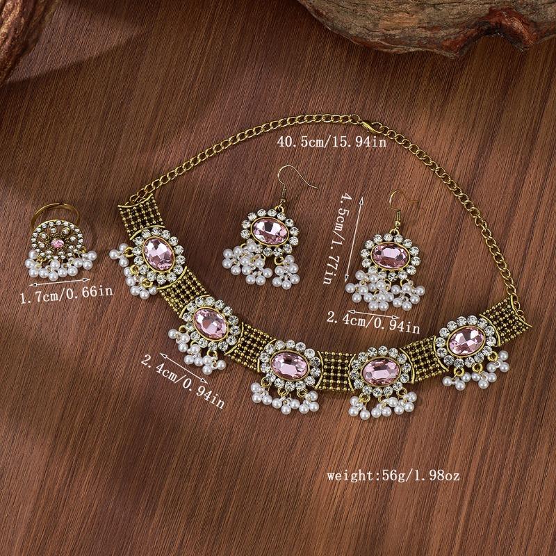 Earrings, Rings, and Necklace Set - Women's Bohemian Style Colorful Diamond-studded Tassel Jewelry Set
