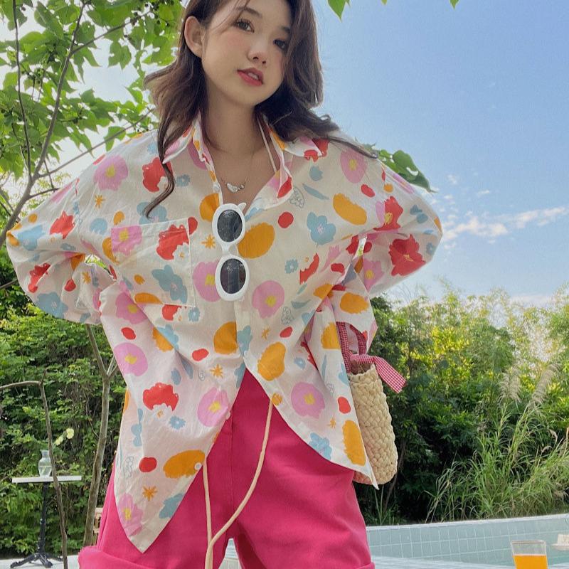 Sweet Floral Shirt for Women In Hong Kong Style Loose Medium-length Long-sleeved Sun-protective Top