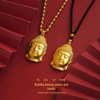 Chinese Style Sand Gold Buddha Head Pendant Necklace - Colorfast Rope Simulation Design