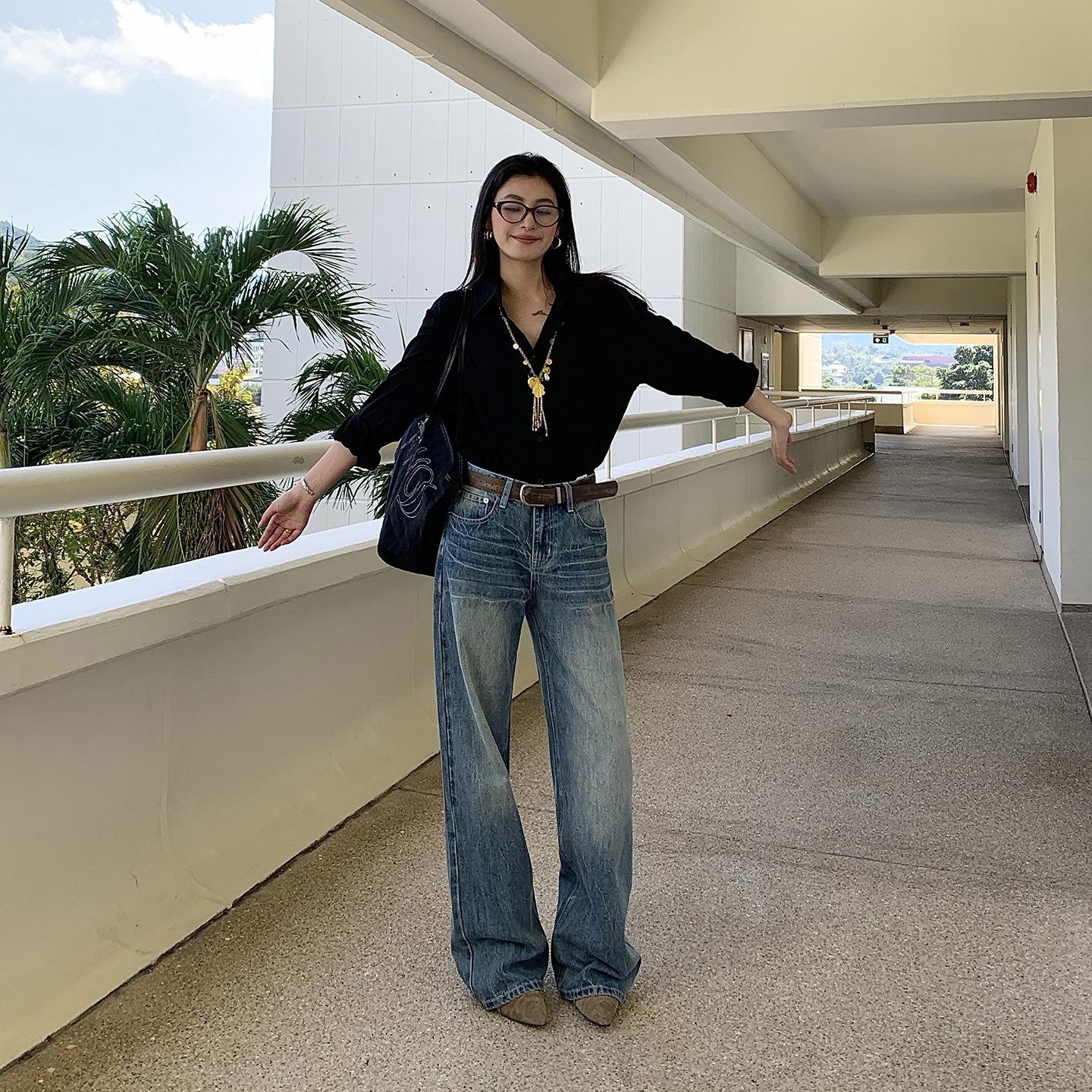 Women s Low-Waist Retro Wide-Leg Jeans, Slimming Floor-Length - 2026 Spring Collection Small