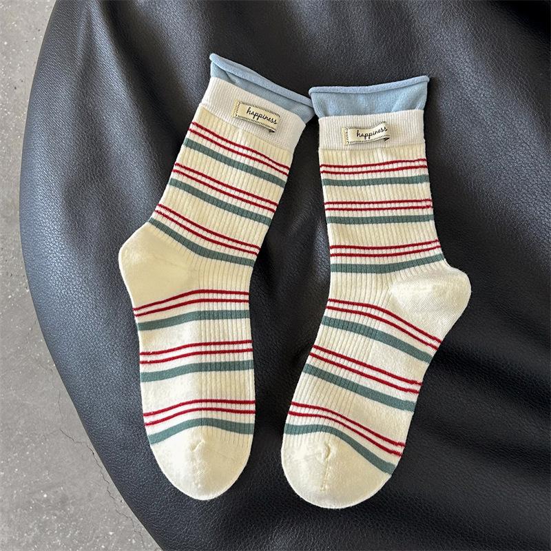 Female Autumn Pattern Color Matching Letter Cloth Mark Splicing Fake Two Tube Pile Socks