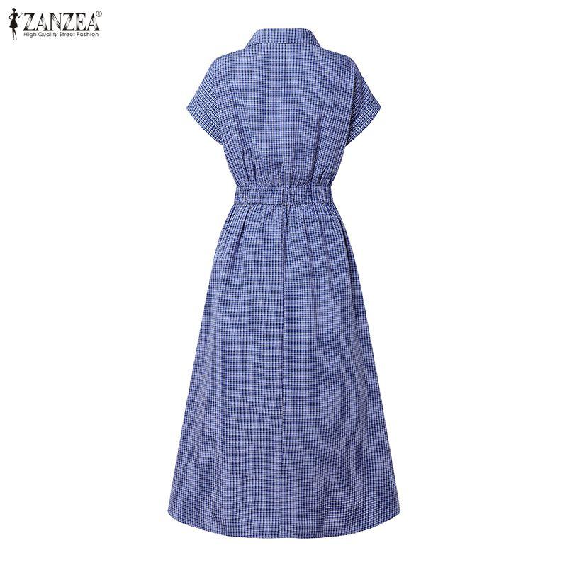 ZANZEA Casual dames overhemdjurk met omgeslagen kraag, ruitprint, losse korte mouwen