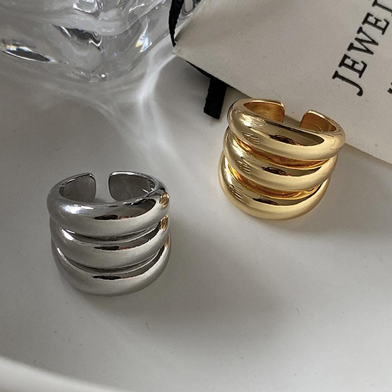 PONYKISS Sterling Silver Three Layers Round Geometric Rings for Women Minimalist Trendy Opening Fine Accessories