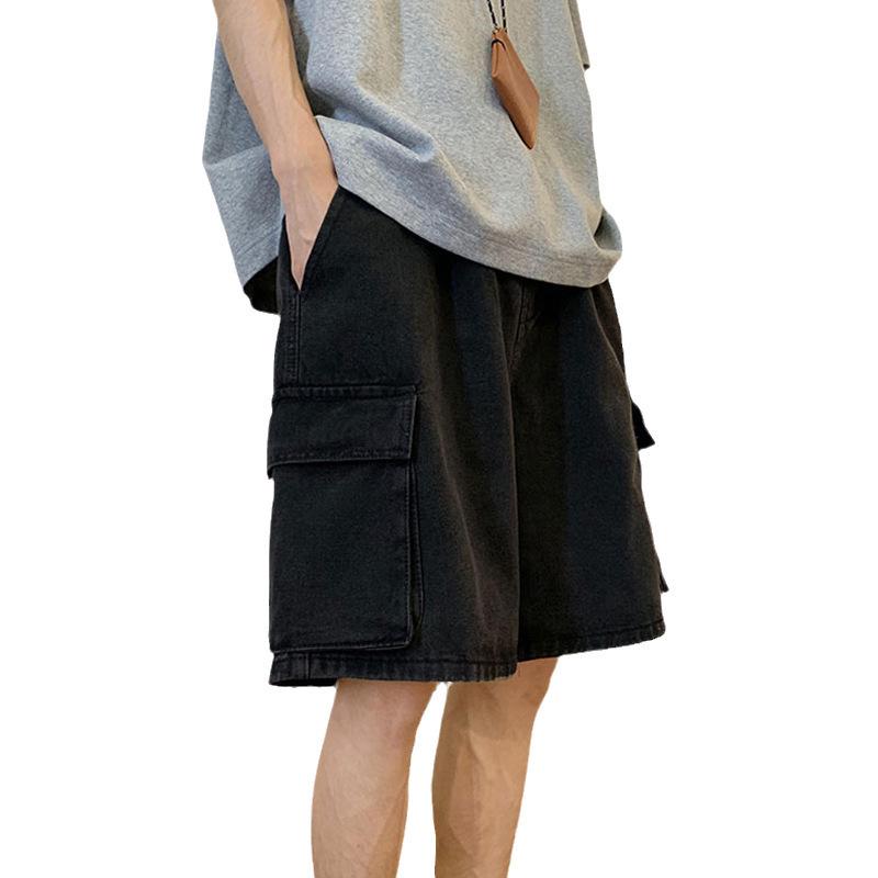 Men's Large Summer Denim Workwear Shorts, Wide-Leg, Trendy American Retro Washed Casual Style